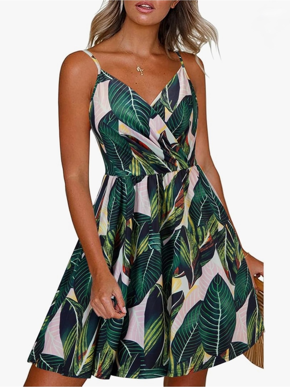 Newshows Tropical Print Floral Spaghetti Strap Sleeveless V-Neck Casual Dress L